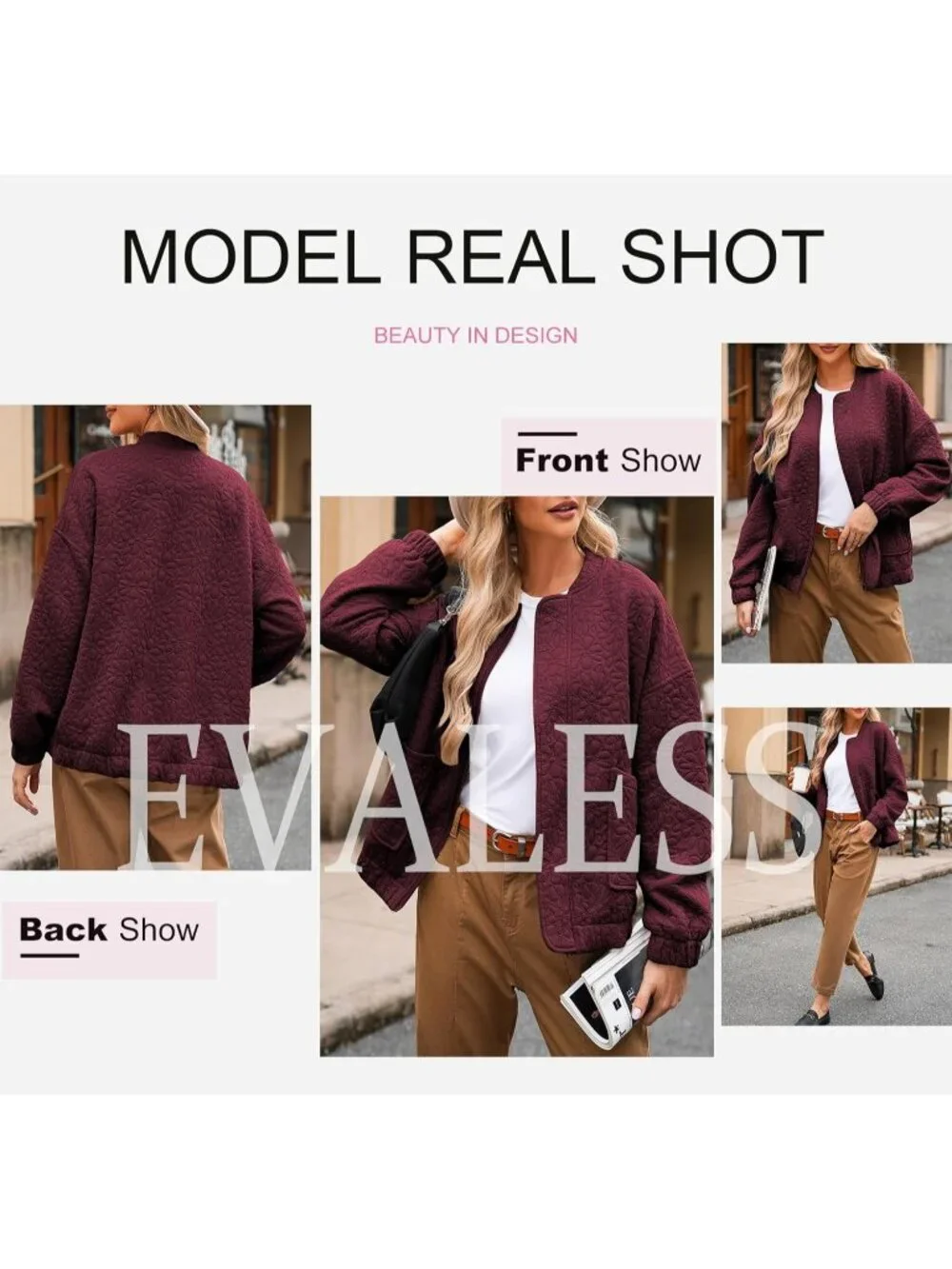 Women's Burgundy Lightweight Stand Collar Long Sleeve Outerwear Bomber Jacket
